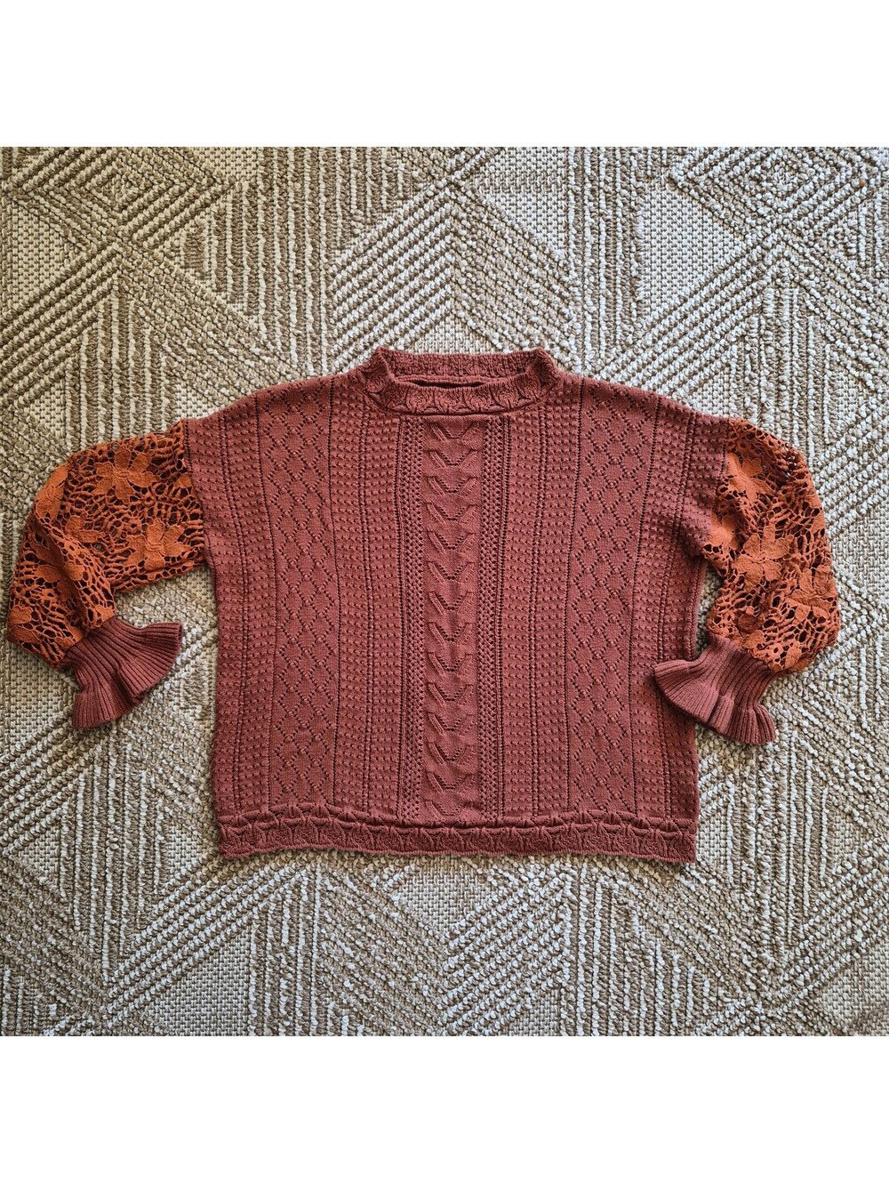 Boho Rust Cableknit Pullover with Sheer Floral Crochet Bell Sleeves XL XXL